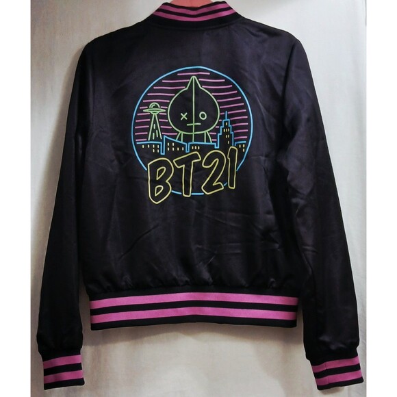 BT21 Black Pink Neon Women’s Bomber Jacket Double Sided Pockets Medium EUC - Picture 1 of 9
